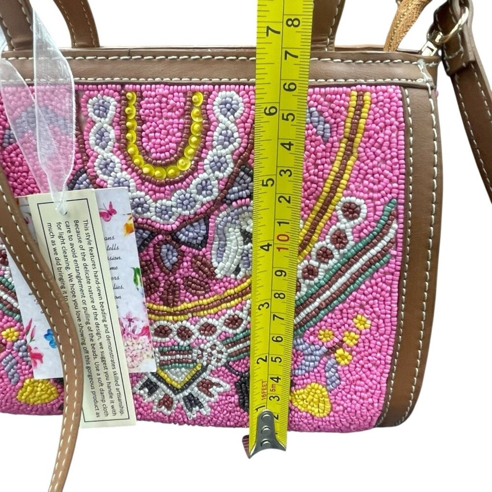 Pink Seed Bead Floral Mini Barrel Handbag Crossbody Strap Made In India New - Picture 7 of 10